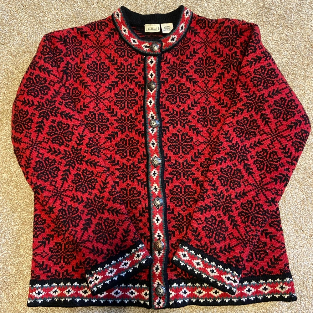 Vintage L.L. Bean Nordic Red Fair Isle Button Cardigan Sweater Merino Wool S